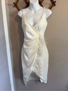Club L London White Ruched Feather Trim Cami Dress Size US 4